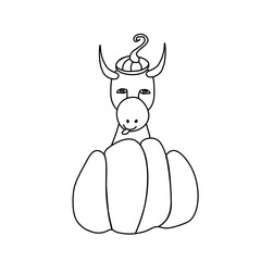 Vector illustration of a festive bull in doodle style.October picture of a bull symbol of the year 2021.Cow with black hand drawn line.Design for printing,calendar,coloring,cards,poster.