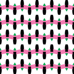 Vector seamless pattern texture background with geometric shapes, colored in pink, green, black, white colors.