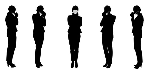 Vector concept conceptual  silhouette women working while social distancing as means of prevention and protection against coronavirus contamination. A metaphor for the new normal.