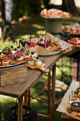 wooden buffet table with snack, appetizer and fruits decorated outdoor in summer day