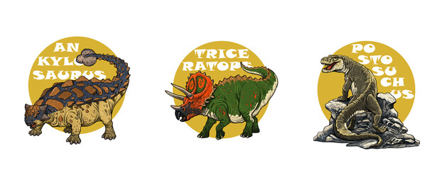 Set of 3 dinosaurs logos. Ankylosaurus, Triceratops and Postosuchus. Dinosaur illustration.