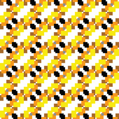 Vector seamless pattern texture background with geometric shapes, colored in yellow, orange, brown, white, black, grey colors.