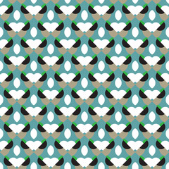 Vector seamless pattern texture background with geometric shapes, colored in blue, white, black, brown, green colors.