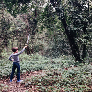 Boy in the woods with a sword