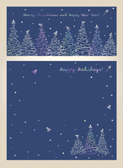Fototapeta na wymiar Holiday card set with Christmas tree and flying paper airplane on blue background. New Year shiny holographic design 