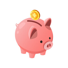 Piggy bank with coins. Pink pig in the form of a piggy bank.