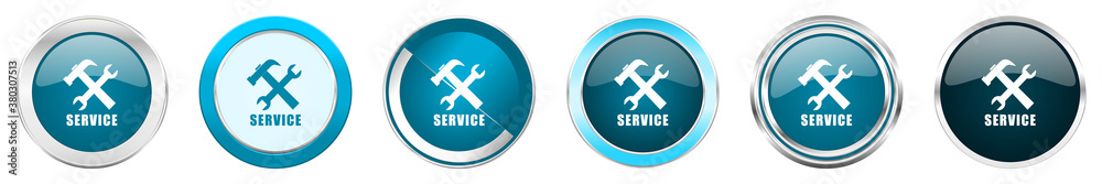 Leinwandbilder Service silver metallic chrome border icons in 6 options, set of web blue round buttons isolated on white background