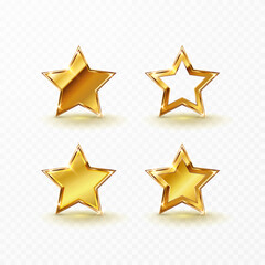 Gold glowing star set isolated on transparent background. Golden vip casino, award, certificate icons with shadow. Vector sparkle luxury Christmas, New Year or Ramadan elements design