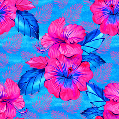 Watercolor seamless pattern with tropical leaves and flowers. Exotic allower print.