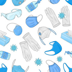 Covid-19 doodle pattern. Coronavirus protection and treatment. Medical equipment background. Face mask, sterile gloves, antibacterial soap, protective glasses.