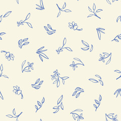 Retro ditsy floral all over pattern. Vintage kitchen folk art floral design. Line art florals on cream colored background. Country style nature background. Perefect for kitchen ware, wallpaper and