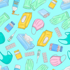 Covid-19 doodle pattern. Coronavirus protection and treatment. Medical equipment background. Face mask, sterile gloves, pills, thermometer, sanitizer gel.
