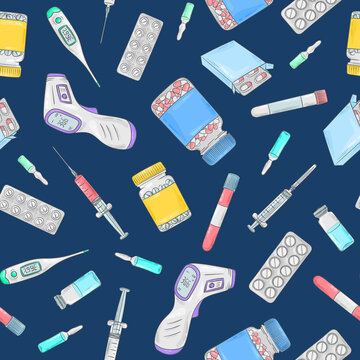 Covid-19 doodle pattern. Coronavirus protection and treatment. Medical equipment background. Thermometer, pills and drugs, suringe, blood test.