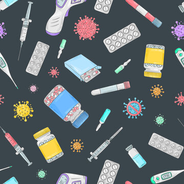 Covid-19 doodle pattern. Coronavirus protection and treatment. Medical equipment background. Thermometer, pills and drugs, suringe, blood test.