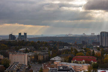 Aerial view of the city in cloudy weather.