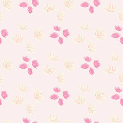 Pastel light seamless pattern with thorn flower bud silhouettes. Pink colored ornament. Simple floral backdrop.