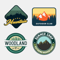 Set of adventure outdoor concept badges, summer camping emblem, mountain climbing logo in flat style