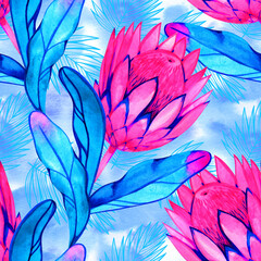 Watercolor seamless pattern with tropical leaves and flowers. Exotic allower print.