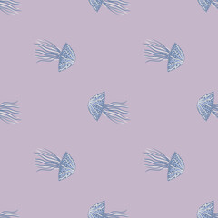 Blue little jellyfishes seamless hand drawn pattern. Stylized marine artwork with soft purple background.