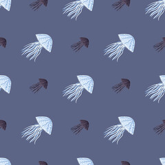 Light blue and dark grey jellyfish figures seamless pattern. Pale navyy blue background. Ocean nature backdrop.