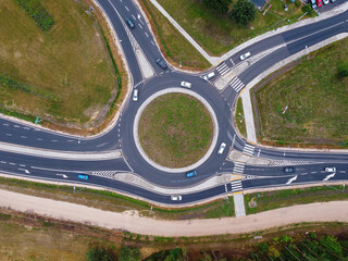 Road junction with roundabouts. Highway. Drone, aerial view.