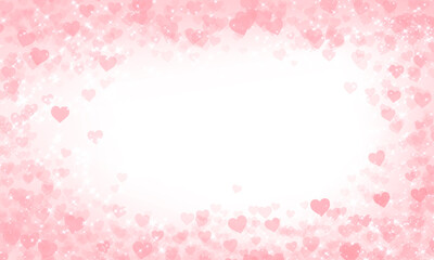 Fototapeta na wymiar Romantic pink cute light saturated bright background with many hearts and shining small stars, with a place for text in the center.