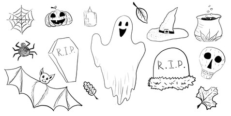 set of contour pictures halloween elements of holiday decorations