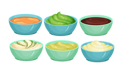 Different Sauces as Liquid or Cream Food Served in Bowls Vector Set