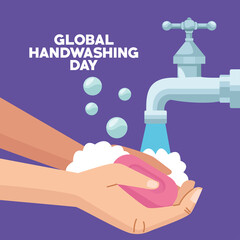 global handwashing day campaign with hands using soap bar and water faucet