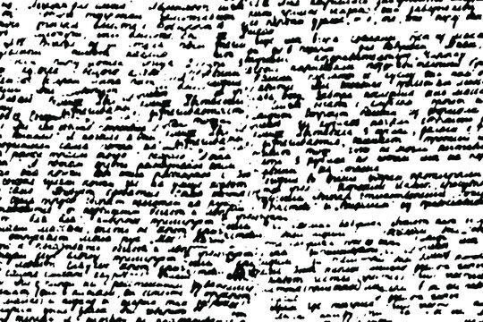 Grunge texture of handwritten unreadable handwritten text written in ink carelessly and sloppily. Monochrome background of illegible handwriting. Vector illustration. Overlay template.