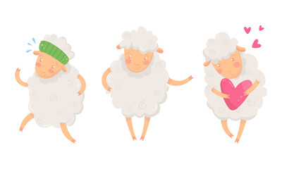 Funny Sheep with White Wool Running and Holding Heart Vector Set