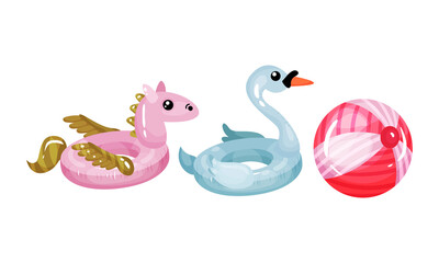 Inflatable Swimming Ring in Shape of Swan and Ball Vector Set