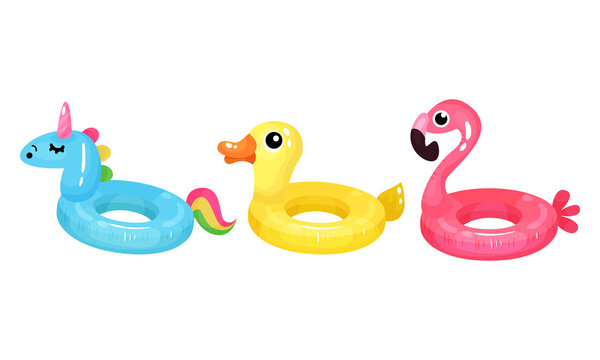 Inflatable Swimming Ring in Shape of Flamingo and Unicorn Vector Set