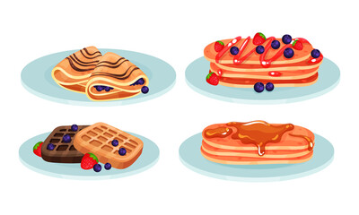 Pancakes with Caramel and Waffle with Berries Served on Plates Vector Set