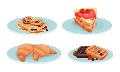 Crepe with Blueberries and Sandwich with Jam Served on Plates Vector Set