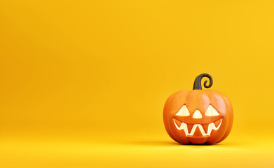 Halloween pumpkin character decorations on a yellow-orange background.