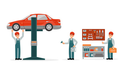 Car or Auto Mechanic Repairing and Executing Maintenance of Automobile Vector Illustration Set