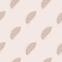Minimalistic pale seamless pattern with leaves outline ornament. Light pink tones palette.