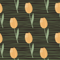 Simple botanic seamless pattern with tulips ornament. Orange buds and green stems on stripped background.