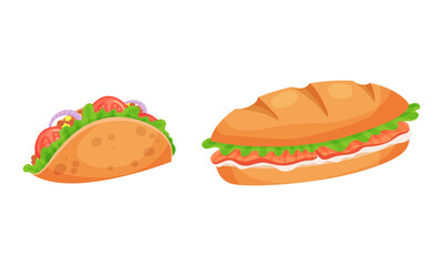 Street Fast Food with Taco and Stuffed Bun Vector Set