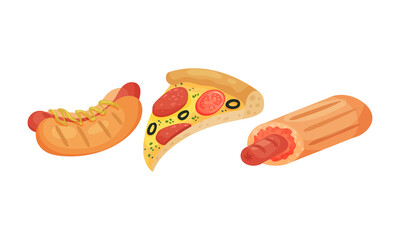 Street Fast Food with Pizza Slice and Hot Dog Vector Set
