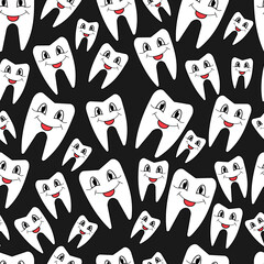 dental seamless pattern: cute white teeth on black background