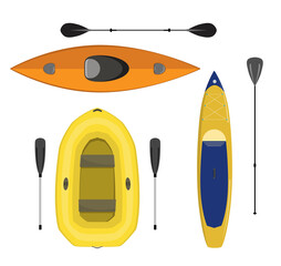 Set of boats for rafting: Paddle board, kayak and inflatable boat isolated illustration.