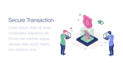 
Isometric illustration of bitcoin secure transaction 
