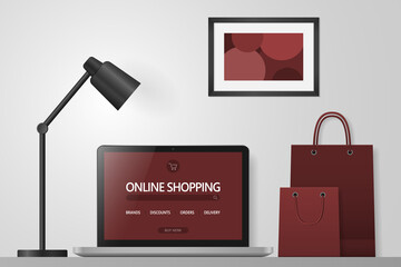 Online shopping concept. Online store website on computer screen.. Workspace with laptop and shopping bags . Vector illustration