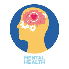 mental health day human profile and gears with heart in brain