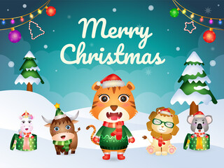 Obraz na płótnie Canvas Merry christmas greeting card with cute animals character : tiger, lion, buffalo, koala, and unicorn