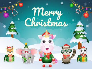 Merry christmas greeting card with cute animals character : unicorn, raccoon, panda, elephant, and deer