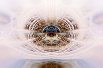 Abstract background, symmetrical lines and squiggles, from soft white to clear colorful lines in the core