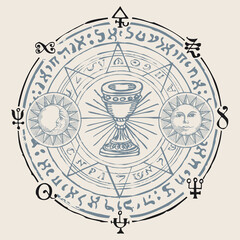 Holy Grail with the Sun, Moon, alchemical and Masonic symbols. Vector hand-drawn banner in retro style on the theme of mysticism, magic, religion with cryptic esoteric signs written in a circle
